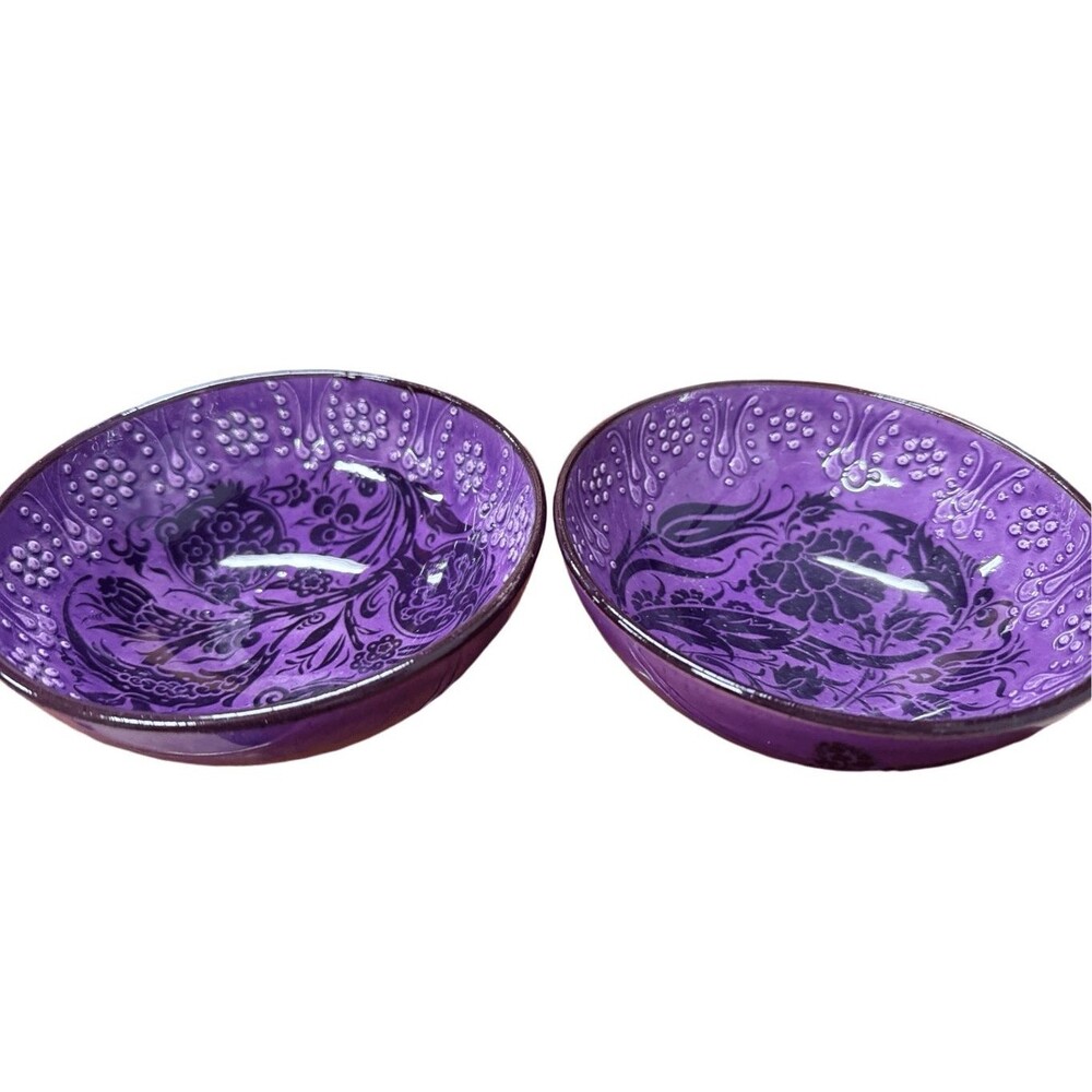 Handmade Ceramic Bowls - Set of 2 Hand painted Turkish Pottery Purple Black